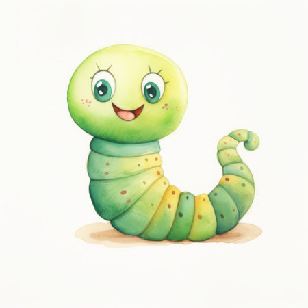 the cartoon worm, with its green hair and open eyes, is a charming character illustration. drawn in a paint-like style reminiscent of watercolor illustrations, it features light yellow and aquamarine hues. the worm's toy-like proportions and smilecore aesthetic add to its appeal. this illustration is reminiscent of the works of rosa bonheur and showcases the artist's skill in creating delightful insect-inspired characters. ai generatedの素材
