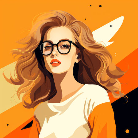 a female graphic designer with glasses is depicted in a realistic portrait style against a vibrant orange background. the artwork exudes a cute and dreamy vibe, reminiscent of the golden age illustrations by paul hedley. the composition features wavy lines and a mix of dark white and amber tones, drawing inspiration from pop art. ai generatedの素材