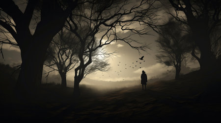 a man walks through a forest under a silhouette of trees, in the style of darkly romantic illustrations. this uhd image captures the essence of tonalism and gothic illustration, creating a dreamscape portraiture reminiscent of charles addams' work. the photo-realistic landscapes add depth and realism to the scene. ai generatedの素材