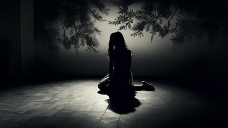 the shadow of a girl, appearing sad and nervous, is cast on the floor in front of a tree. the photo is captured in the style of baroque-inspired chiaroscuro, with dark lighting creating a dramatic effect. the monochromatic serenity adds to the overall atmosphere. this associated press photo, found on flickr, features an eerily realistic portrayal with a smokey background. ai generatedの素材