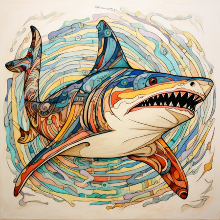 a vibrant depiction of a shark swimming gracefully in the water, showcasing intricate penwork. the artwork beautifully combines contrasting hard and soft lines, with a mesmerizing blend of light amber and cyan hues. this wildlife muralism piece captures the essence of the shark's movement through swirling colors, evoking a sense of awe and wonder. the image resembles a stained-glass window, featuring supernatural creatures of theの素材