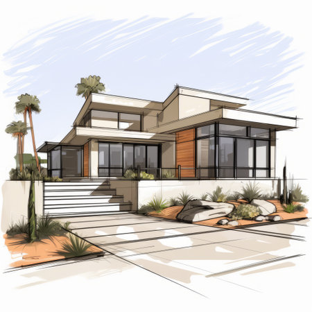 a sketch of a modern contemporary house with palm trees and stairs, featuring earthy colors and modular construction. the plein air scenes and desertwave influence create a reverent and tranquil atmosphere. the precisionist style adds a washed-out effect, enhancing the overall aesthetic of the image. ai generatedの素材
