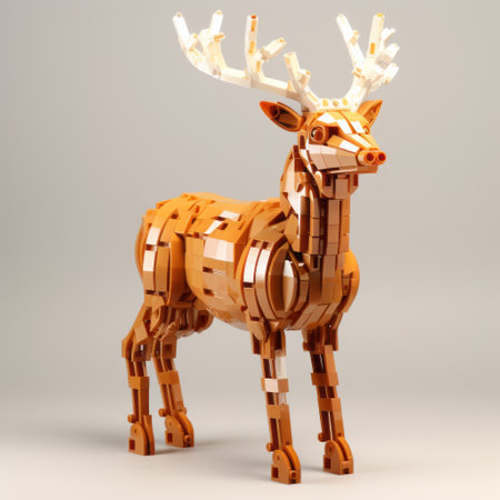 a wooden lego figurine of a deer, designed with realistic and detailed rendering. this unique creation showcases modular patterns and incorporates industrial and technological subjects. the color palette features shades of orange and beige, while the design elements include curvilinear shapes, fine lines, and intricate details. created using daz3d software. ai generatedの素材