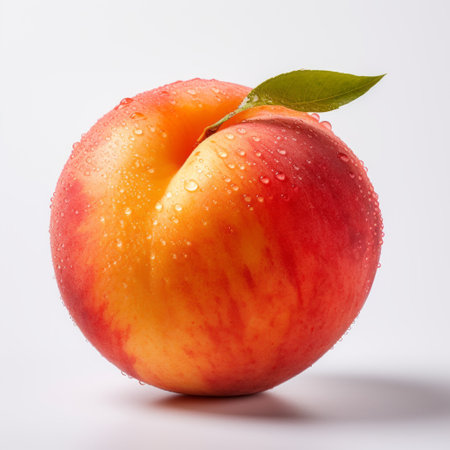 peach with water droplets on a white background, showcasing a vibrant still-life captured with the tokina at-x 11-16mm f/2.8 pro dx ii lens. this colorful image features a refined technique, bold colors, and rounded marks, creating a visually striking composition in light red and light gray tones. ai generatedの素材