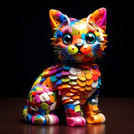 a toy cat made of multiple colored dots, created in a realistic hyper-detailed rendering style by signe vilstrup. this extruded design showcases the influence of thai art and the intricate craftsmanship of kinuko y. craft. the toy cat stands out with its realistic still life appearance, enhanced by dramatic lighting, while also incorporating cute cartoonish elements. ai generatedの素材