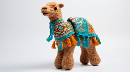 an adorable amigurumi camel, dressed in a vibrant orange, yellow, purple, and blue scarf, showcases the artistic style of petros afshar. the camel's appearance is enhanced by the use of light turquoise and indigo handwoven textiles, reminiscent of the craftsmanship of juan carreo de miranda. this intricately crafted piece embodies the essence of traditional craftsmanship. ai generatedの素材
