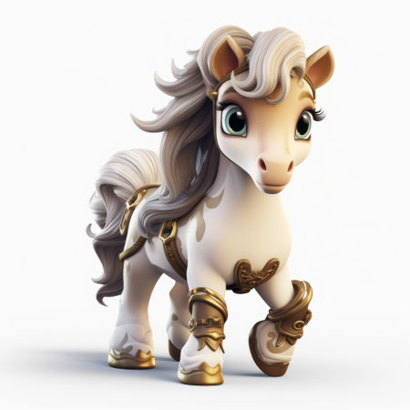 a tiny baby pony with long hair and an armor in its mouth, depicted in the style of luminous 3d objects. the artwork showcases a white and gold color scheme, reminiscent of rococo aesthetics. created by the renowned artist artgerm, this ultra hd piece features playful character designs that are visually striking and eye-catching. ai generatedの素材
