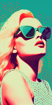 a minimalist portrait of a 2010s starlet sunbathing, featuring a light faded orthonormal coordinate system of 8-bit dots and colors. the background showcases a vanished light lithography effect, with light halftone dots adding depth. the overall aesthetic is an ever-moving anaglyphic kaleidoscope, creating a minimal psychedelic art experience. ai generatedの素材