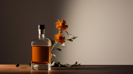 oak cask adorned with vibrant orange flowers, accompanied by a bottle featuring an isolated flower on a white background. this captivating image showcases the artistry of darktable processing, with its soft tonal transitions and minimal retouching. a stunning example of tabletop photography, this advertisement-inspired composition exudes an innovative and visually striking appeal. crafted using vray, this photo is a testament to creativity and attention toの素材