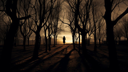 the photo captures the shadow of a man amidst a dense forest, evoking a sense of mystery and foreboding. the composition is reminiscent of ominous landscapes, with elements of photo-realism and romanticism. this captivating image has the essence of an associated press photo, showcasing a blend of suburban gothic aesthetics with a striking contrast of dark orange and light black tones. ai generatedの素材
