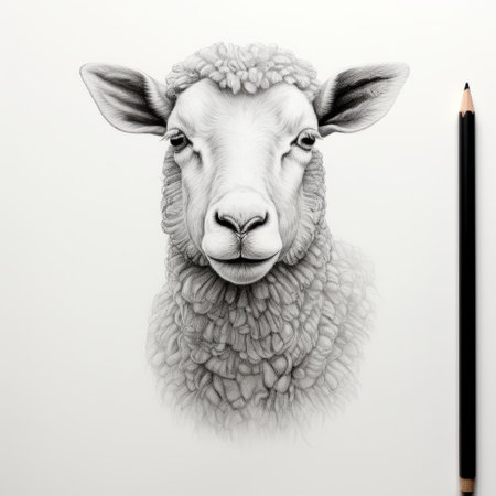 a pencil drawing of a sheep with a haybale, showcasing realistic hyper-detailed portraits. this monochromatic work features minimal retouching and detailed character illustrations, capturing the strong facial expression of the animal. the uhd image beautifully portrays the intricate details of both the sheep and the haybale, making it a captivating piece for animal and people art enthusiasts. ai generatedの素材