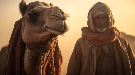 a man with a camel, both adorned with scarves, captured in the artistic style of large format lens photography. the image showcases the intricate details in 32k uhd resolution, reminiscent of the works of peter gric. bathed in golden light, the serene faces of the subjects evoke the influence of george inness. the raw and confrontational figures add depth to this captivating composition. ai generatedの素材