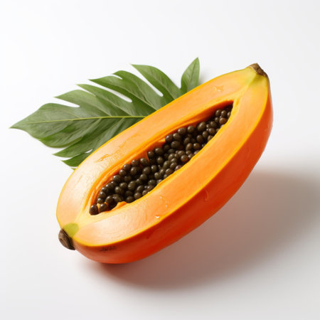a papaya, featuring black specks and leaves, is showcased on a white background. the softbox lighting style enhances its light orange and light bronze hues. this realistic depiction captures the fruit's lifelike accuracy with exacting precision. the image exhibits bold colors, dynamic lines, and a sculpted appearance, creating a visually striking composition. ai generatedの素材