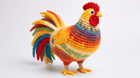 a colorful amigurumi rooster, inspired by the styles of karen knorr, paula modersohn-becker, and dora carrington, is showcased on a white base. this unique piece combines traditional techniques with a modern twist, featuring vibrant colors and intricate details. the focus stacking technique enhances the overall visual appeal, creating a captivating and animated effect. ai generatedの素材