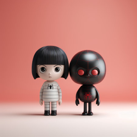 the photo showcases an adorable collection of indie film-inspired anime toy sculptures. with a dark bronze and red color scheme, the isolated figures exude a necropunk aesthetic. the minimal retouching enhances the unique digital art style, while the light pink and black accents add a touch of contrast. captured with a nikon d750, this photo beautifully captures the intricate details of the aifomi sculptures. aiの素材