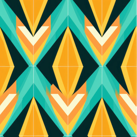 an abstract geometric pattern featuring a blend of blue and orange colors, reminiscent of the art deco style. this design showcases dark yellow and light emerald hues, with folded planes and intricate symmetry. the blink-and-you-miss-it details add depth to the composition, while the tropical symbolism and art deco geometric shapes create a visually captivating image. ai generatedの素材