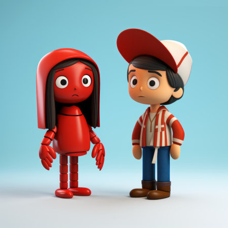 a 3d model of a boy and a girl is depicted on a blue background in the unique style of toyism. the artwork showcases light crimson and gray tones, portraying the children as robotics kids with supernatural creature elements. the cartoonish features and the use of orthochromatic film add to the captivating portrayal of suburban ennui. ai generatedの素材