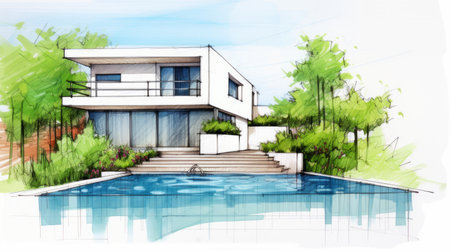 a modern landscape drawing of a large private house and pool, showcasing a color splash style with manga influences. this design-architecture study features a harmonious blend of white and indigo, creating a sense of tranquility and connection with nature. the precise craftsmanship is evident in this 32k uhd artwork. ai generatedの素材