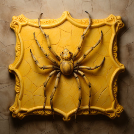 a yellow spider is captured within a circular frame, resembling a carved surface. this photo showcases elements of horror academia and plaster artistry. the spider is depicted with realistic still life techniques, enhanced by dramatic lighting. the composition also features elaborate costumes and sculptural reliefs, reminiscent of a national geographic photo. ai generatedの素材