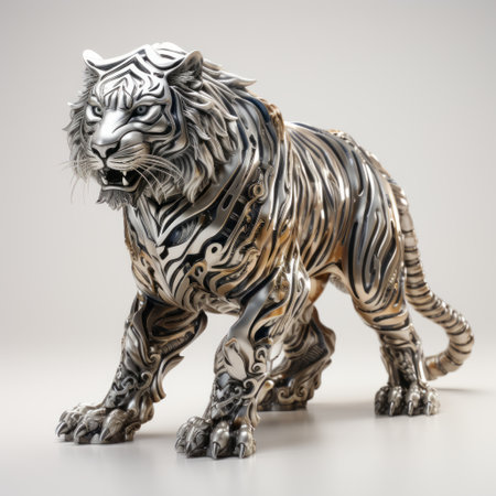 a modern tiger statue in silver, bronze, or chrome colors, inspired by intricate and bizarre illustrations. this unique sculpture, created using zbrush software by the talented artist mark arian, showcases elements of industrial and product design. the dark white and light silver tones beautifully complement the densely patterned imagery, reminiscent of the bengal school of art. ai generatedの素材