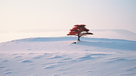 a small tree stands on a snow-covered hill, beautifully captured in the romantic style of light red and light cyan. this stunning photograph, taken with a ricoh ff-9d camera, showcases the essence of nature. with influences from artists like jonathan wolstenholme and range murata, this image is a visual treat in 8k resolution. ai generatedの素材