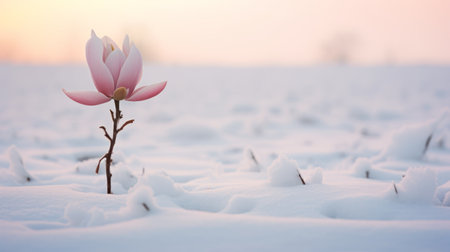 a snowy field in the evening, with a serene and minimalist ambiance influenced by zen buddhism. the light pink and pink hues create a calming atmosphere, while the singular focus of the image is thought-provoking. this captivating photograph by flora borsi showcases sharp focus and can be found on flickr. ai generatedの素材