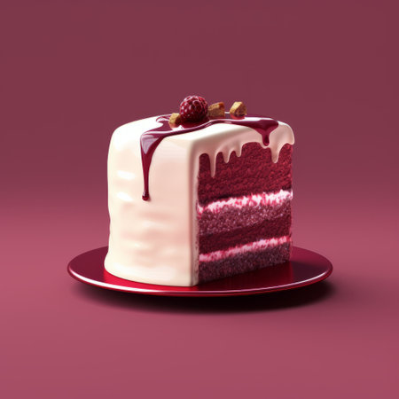 a 3d rendered png model of a red velvet cake (ds 1039) is showcased in this high-quality photo. inspired by playful still life paintings, the cake is presented in a genre-defying style with a mix of dark white and light magenta tones. the composition features layered elements and split toning, reminiscent of a storybook illustration. ai generatedの素材