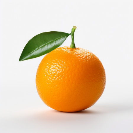an orange with a green leaf, captured in the precise and lifelike style of shuzo oshimi. the white background enhances the advertising-inspired aesthetic, while tonal sharpness and ambient occlusion add depth to the image. softbox lighting creates a balanced and visually appealing composition. ai generatedの素材