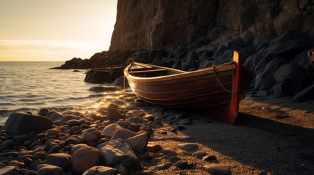 a time-share photo captured in diffused, golden light. the soft glow reduces harsh shadows, allowing for smooth color transitions. the light comes from the right, creating a play of light and shadow on the rocks and boat, adding depth. technical settings include an aperture of f/11 for clarity, a shutter speed of 1/30s to capture subtle wave movement, iso 100 for minimal noise, and aの素材