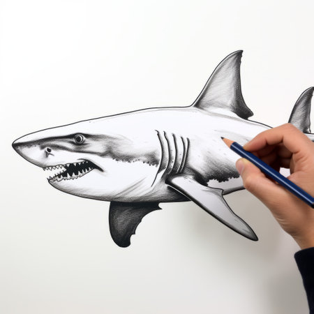 an individual creating a photorealistic rendering of a shark using an eraser and pencil. the artwork showcases a dark white and light gray color palette, with hand-drawn details and a forced perspective. the piece incorporates paper cut-outs, hand-coloring techniques, and elements reminiscent of taxidermy. ai generatedの素材