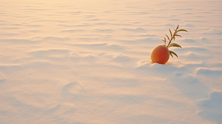 an orange and green plant emerges from the snowy landscape, showcasing a minimalist surrealism style reminiscent of artists like saturno butto and john wilhelm. the mediterranean landscapes inspire the vibrant colors of light gold and light crimson, creating a striking contrast against the white snow. the scene evokes the artistic vision of sandy skoglund, while also exuding a festive atmosphere. ai generatedの素材