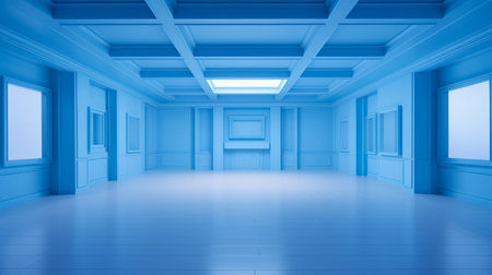 blue apartment interior with skylight, featuring neoclassical scenes and luminous 3d objects. influenced by josef albers, the space showcases a large-scale painting and interactive exhibits. the design incorporates tonal variations in color, reminiscent of hiroshi nagai's work. ai generatedの素材