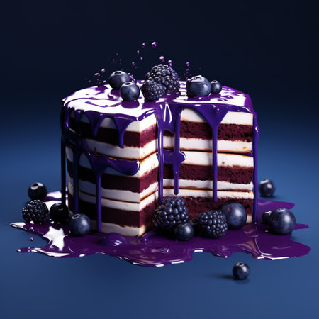 a purple cake adorned with fresh blackberries is showcased on a surface, featuring vray tracing for a realistic effect. the cake's bold lines and dynamic colors, including dark blue and white, create a visually striking composition. the image incorporates fragmented advertising elements, reminiscent of marcin sobas' style, along with dripping paint and multi-layered compositions. ai generatedの素材