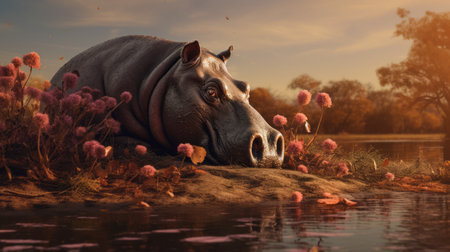 a hippo enjoying the summer in its natural habitat, surrounded by lush nature. the background features a captivating wallpaper with a design inspired by jessica rossier's style. the image is rendered in cinema4d, showcasing the artistic influence of charles spencelayh. the color palette consists of dark crimson and amber, creating a stunning and realistic portrayal. this mesmerizing portrait captures the essence of beauty and isの素材