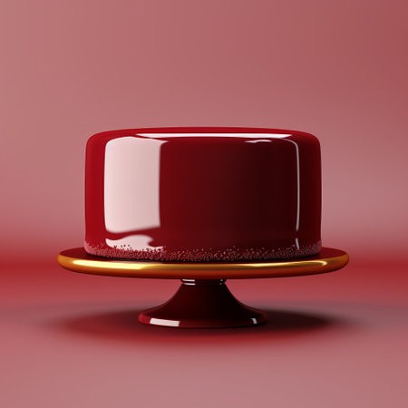 small red cake with gold ornament on a red background. rendered in unreal engine, the cake is made of glazed earthenware in a light maroon color. created by pierre pellegrini, the cake has a smooth and polished texture. the tondo shape and bloomcore design add to its unique appeal. ai generatedの素材