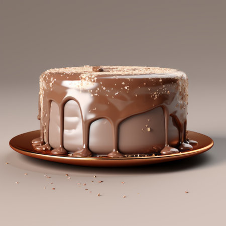 a layered cake with chocolate drips on a plate, rendered in the style of octane render. this hyper-detailed and realistic rendering showcases the shiny and glossy appearance of the cake. the addition of grit and grain adds a touch of texture to the overall image. the melting pots and pantonepunk elements further enhance the visual appeal of this delectable dessert. ai generatedの素材