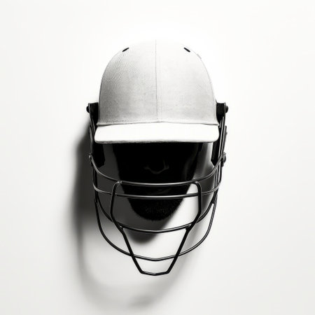 cricket helmet hanging on white background, minimalist portrait style, high-key lighting, kodak plus-x film aesthetic. sketchfab model showcasing handsome, dark white and white design. symmetrical and orderly composition. ai generatedの素材