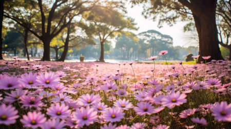 a beautiful landscape photograph captured in shangri la park, hanoi, vietnam. the image showcases a soft and dreamy atmosphere with a selective focus on light purple and light pink flowers. shot with a rollei prego 90 camera, this 32k uhd photo exudes a captivating flower power aesthetic. ai generatedの素材