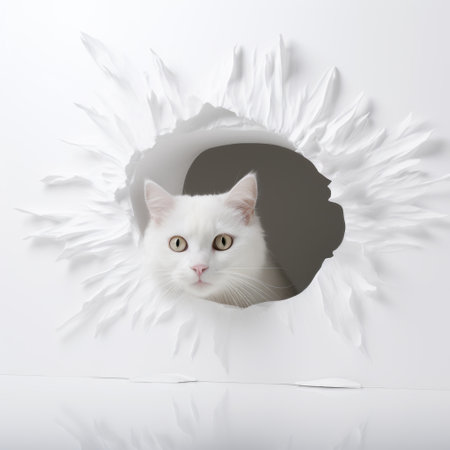 white cat looking at a paper hole in the ceiling and wall. hyperrealistic composition with glass fragments art. strong facial expression on the cat's face. the white cat stands against a matte background, creating a striking contrast. created using zbrush, the artwork has a melting effect. ai generatedの素材