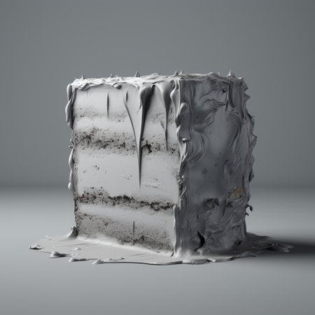 a photo of distressed and weathered surface cakes created in 3ds max. the cakes feature monochromatic white figures with minimal retouching, dripping paint, and a white and gray color scheme. the matte photo highlights the fluid form of these unique cakes. ai generatedの素材