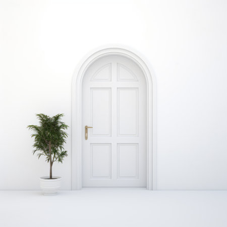 an empty room featuring a white door and a small potted plant. the room exudes a curvaceous simplicity with accurate and detailed architectural influences. the bold and busy design elements stand out against the white background, while the monochromatic color scheme and bold color choices add a touch of vibrancy. ai generatedの素材