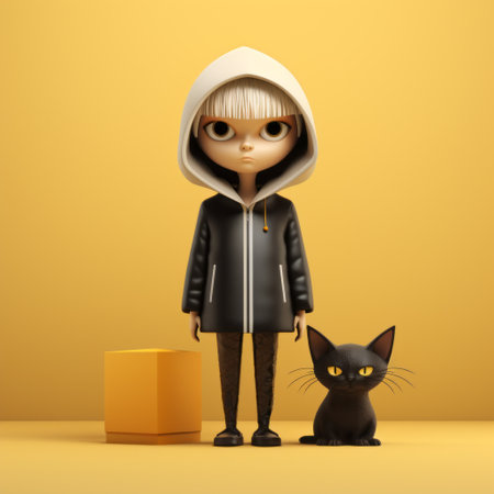 a 3d model of a cartoon girl stands beside a black cat in a minimalist expressionism style. inspired by the works of bill gekas and the superflat style, this urban and edgy composition features a color palette of yellow and beige. this captivating artwork, with its minimalistic design, won a prestigious contest. ai generatedの素材