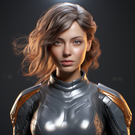 a female warrior 2d model created by smigraphic, featuring hyper-realistic portraiture with futuristic chromatic waves. inspired by the works of magali villeneuve, shinyglossy, and peter sculthorpe, the model showcases a stunning combination of light silver and yellow tones. the use of vray tracing enhances the overall visual appeal of this captivating artwork. ai generatedの素材