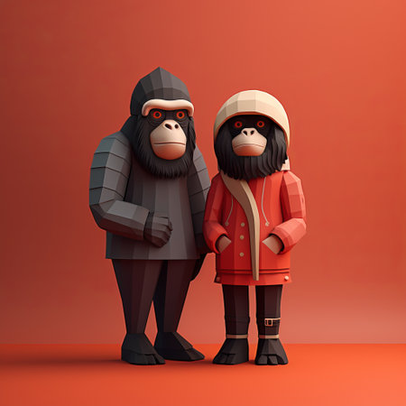 a pair of gorilla figurines, rendered in cinema4d, stand side by side on an orange background. these snow scene-inspired figurines showcase a playful character design with a touch of gray and crimson. the normcore and mono-ha influences are evident in their photographically detailed portraitures. ai generatedの素材