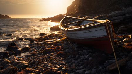 a timeline photo showcasing diffused, golden light that creates a soft glow and reduces harsh shadows. the light comes from the right, adding depth and dimension with a play of light and shadow on the rocks and boat. technical settings include an aperture of f/11 for clarity, a shutter speed of 1/30s to capture subtle wave movement, iso 100 for minimal noise, and a focalの素材