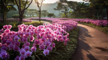blooming orchids is a picture of the hyderabad park in bangkok, malaysia. the photo, taken in the style of soft, dreamy landscapes, captures the beauty of the park's vibrant and colorful orchids. the image, reminiscent of carlos schwabe's artwork, showcases a landscape-focused composition with rounded shapes and a palette of light bronze and magenta tones. this stunning photograph was featured in national geographic. ai generatedの素材