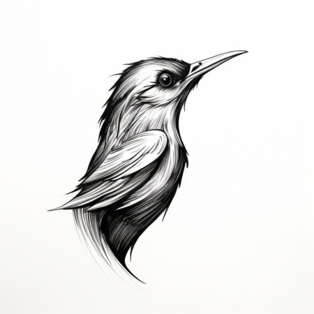 a black and white image of a bird with long hair, reminiscent of modern european ink painting. the detailed character design showcases intricate minimalism, while the flickering light adds depth to the hyper-realistic details. the graffiti-inspired animals and colorful drawings create a unique visual experience. ai generatedの素材