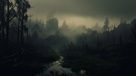 a dark and flooded forest near a river, resembling dystopian cityscapes, captured in a misty and lovecraftian style. this national geographic photo showcases a hauntingly beautiful scene, with burned and charred elements mimicking ruined materials. ai generatedの素材