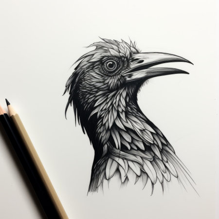 a black and white pencil drawing of a bird, showcasing detailed character illustrations in the style of a dark and brooding designer, kubisi art. the artwork features supernatural creatures with jagged edges, creating a sense of intrigue. the realistic animal portrait is rendered with dark bronze and dark azure tones, adding depth and intensity to the overall composition. ai generatedの素材