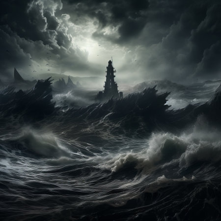 a dramatic and atmospheric photo capturing a dark and stormy night scene. the imposing lighthouse stands tall against the turbulent sky, evoking a sense of mystery and danger. this realistic seascape combines elements of epic fantasy and trapped emotions, reminiscent of maranao art. the image portrays a relief amidst an apocalyptic landscape, showcasing the beauty of topographic photography. ai generatedの素材